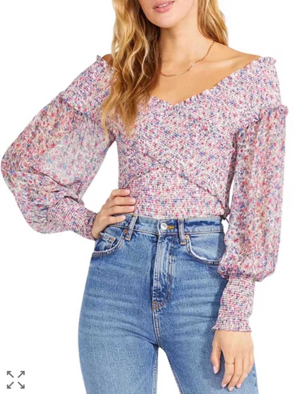BB Dakota Floral Smock Blouse Top Pink Blue Size Small Boho Feminine Summer